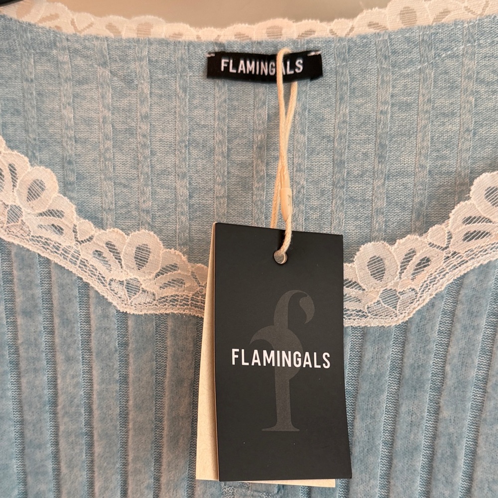 Flamingals NWT Sky Blue Lace Trim Ribbed Blouse - Picture 2 of 5